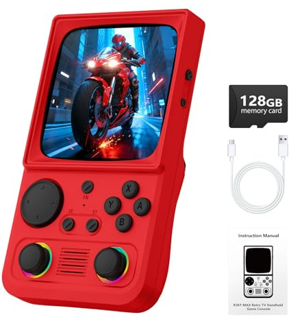 R36TMAX - Console da gioco retrò con schermo IPS da 4,0 e oltre 18.000 giochi classici, supporta multiplayer Wi-Fi, batteria da 4000 mAh (rosso 128GB)