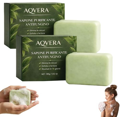 Aqvera Sapone Micosi, Sapone Antifungino, Con Tea Tree Oil & Ingredienti Naturali, Pulizia profonda, Purificazione Odore, Per Corpo, Piedi e Viso, Adatto Pelli Sensibili, 2 Pezzi