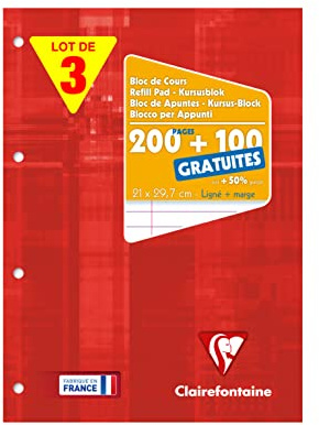 Clairefontaine 65818AMZC - Lot 3 Blocs Cours Encollés A4 300p Lignées Marge