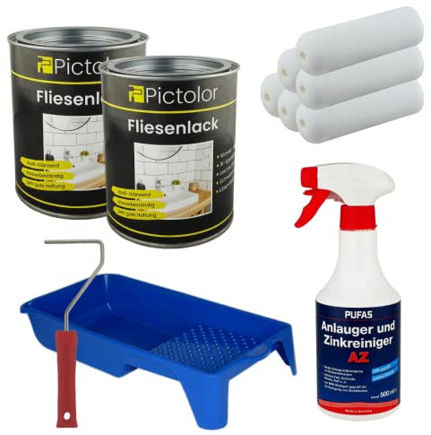 2x Pictolor Fliesenlack 0,75 Liter weiß + 1x Anlauger und Entfetter Spray 0,5 Liter + Farbroller + Farbwanne + 6x Walze