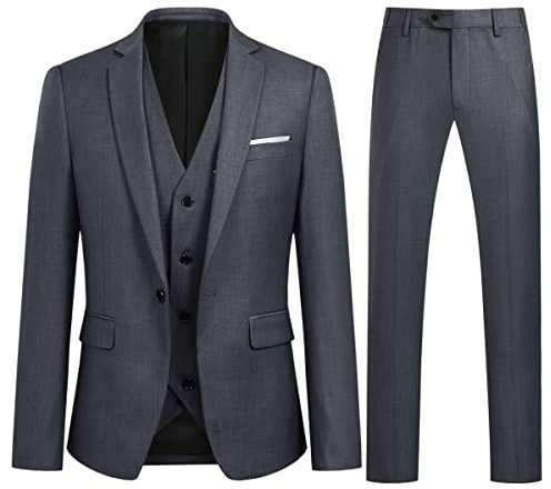 Sliktaa Men Three Piece Tuxedo Suit One Button Wedding Formal Set,Grey,XXL