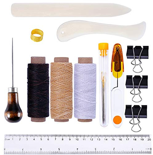 Goiio 19 Pieces Bookbinding Kit Starter Tools Set Bone Folder Paper Creaser, Waxed Thread, Awl, Large-Eye Needles for DIY Bookbinding Crafts and Sewing Supplies