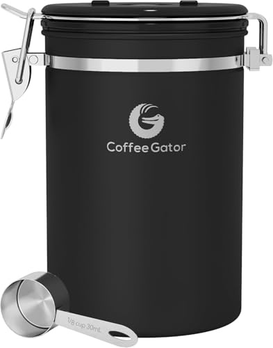 Coffee Gator Contenitore per caffè in acciaio inossidabile 1900 ml, contenitore ermetico con coperchio, indicatore di data, valvola di rilascio di CO2, cucchiaio dosatore