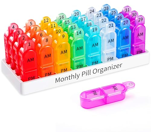 Daviky Monthly Pill Organizer 2 Times a Day - 30 Day Pill Box AM PM, BPA Free One Month Medicine Organizer Twice Daily, 31-Day Case to Hold Vitamins, Supplements & Medication