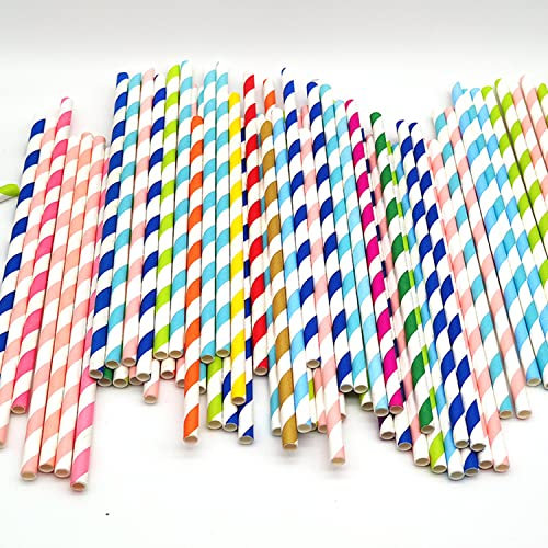 QRTSJ Pailles en Papier, 100pcs Pailles en papier à rayures pailles en papier jetables Biodégradables Pailles Hawaïennes pour Jus, Cocktails, Mariages, Anniversaires, Décorations de Bricolage