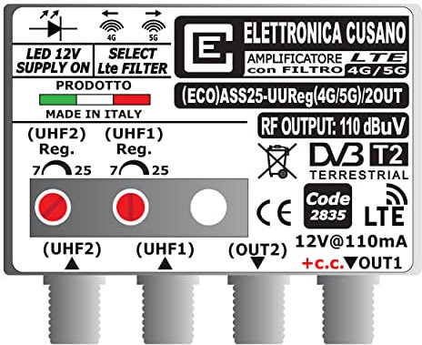 ECO ASS25-UU Reg (4G/5G)/2OUT - Amplificatore Antenna TV con Filtro LTE 4G e 5G, 2 Ingressi UHF, Gain 25dB, 2 Uscite, Made in Italy