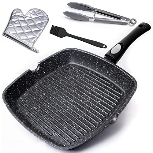 Chef Wonderful Non-Stick (28cm) Griddle Pan for Induction Hob, Marble Coating & Detachable Handle. Aluminium Steak Pan for All Induction Hobs with Tong, Glove & Brush. Suitable for Gas & Oven Grilling