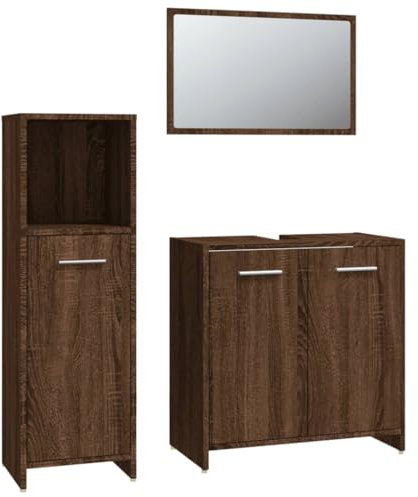 vidaXL Badmöbel Set 3 TLG., Badezimmermöbel mit Waschbeckenunterschrank Midischrank Badspiegel, Badschrank mit viel Stauraum, Waschtischschrank Badezimmermöbel, Braun Eichen Optik Holzwerkstoff