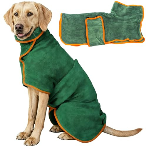 Norhogo Dog Bathrobe Towel Microfibre Towels Super Drying Coat Towel Green Robe Pet Towelling Robe, Adjustable Collar and Waist Dog Drying Coats for Dogs (M(41-50cm))