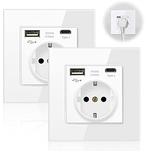 Mitening 2-Pack 16 Ampere Schuko-Uttag Med USB - Skyddskontakt Vägguttag Med Glasram, Typ C-Port Max. 3.1 A, Infälld I Vitt