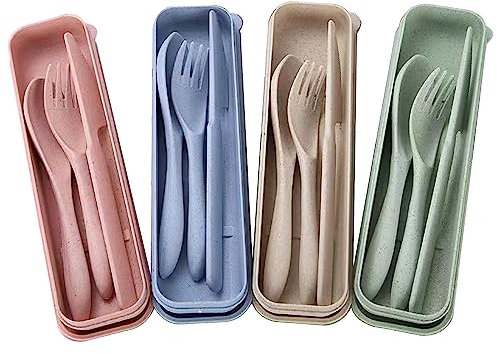 Honatrv 4 di Set di Posate da Viaggio con Astuccio,Posate Plastica Riutilizzabili,Coltelli, Forchette, Cucchiai, Posate da Campeggio Portatili per Viaggi, Picnic