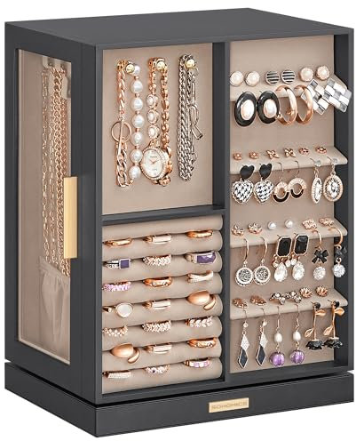 SONGMICS Jewellery Box 360° Rotating, Jewellery Organiser with 5 Drawers, Jewellery Display Case, Glass Window, Spacious, Vertical Jewellery Storage, Open Design, Great Gift, Slate Grey JBC170G01
