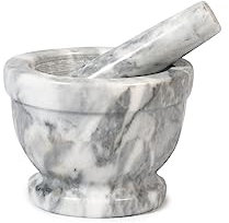 H&H– Mortaio in Marmo Naturale Chiaro con Pestello, Ø14 cm, Robusto ed Elegante, Ideale per Spezie, Erbe, Pesti e Salse, Superficie Interna Grezza per una Macinatura Perfetta