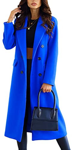 shownicer Trenchcoat Damen Mantel Elegant Lang Wollmantel Mode Langarm Umlegekragen Einfarbig Trenchcoat Warme Outwear Herbst Winter Jacke mit Gürtel D Blau XXL
