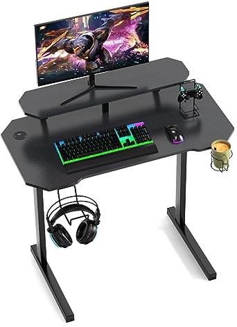 HAMHAIGO Scrivania gaming Tavolo per computer de Gambe a L 100 cm x 55 cm x 75 cm Tavolo in policarbonato Nero Scrivania da gaming con supporto per monitor da 80 cm + gancio per cuffie + porta bevande