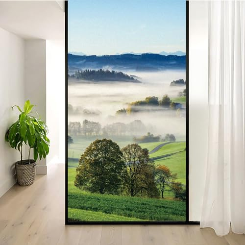 Film statique pour fenêtre - Motif paysage de village - Film décoratif en verre dépoli sans colle - Pour la maison et le bureau - 31,5 x 49,2 cm (l x H)