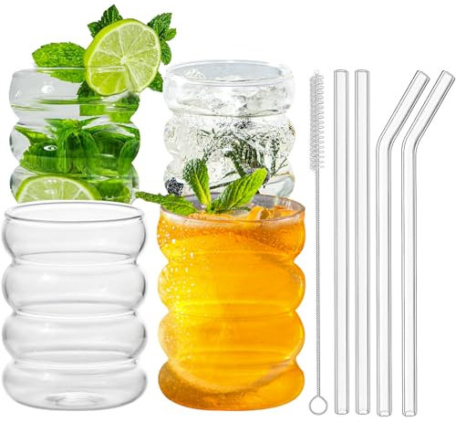 Donlala Wavy Trinkgläser, Gerippte Cocktailgläser Wavy Becher Eiskaffeebecher Saftbecher Gläser, Bierbecher, Milchbecher Soda Becher Wassergläser, Geschenk mit Glasstrohhalmen und Pinsel (4 x 350ml)