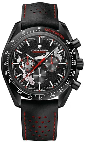 Pagani Design Armbanduhr 1779 Herren Chronograph Quarz Uhren Mond mattiert Zifferblatt VK63 Uhrwerk Lederband 100M Wasserdicht Mode Sport Uhr, Rot