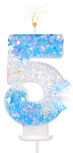 Födelsedagsljus, 7,5cm Nummerljus med Strandtema Glitter Skalpaljetter Nummerljus Sifferljus för Födelsedag Cake Topper för Bröllop Babyshower Fest (5)