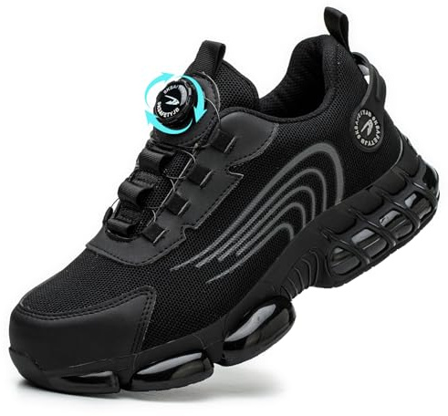 GemChve Scarpe Antinfortunistiche Uomo Donna Leggere Traspiranti Sneakers Antiscivolo Scarpe Sicurezza con Punta in Acciaio Regolazione Rapida dei Lacci Black 43 EU