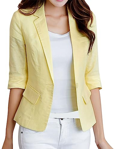 Blazer da donna, sportivo, elegante, maniche a 3/4, in lino, blazer corto, da donna, elegante, giacca estiva leggera, sciancrata, in lino, per le mezze stagioni, vestibilità regolare, giallo., S