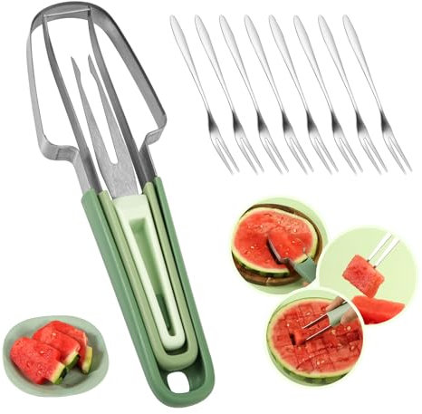 3 en 1 Tenedor Cortador de Sandía, Uso Múltiple Cortador de Paletas de Sandía con Tenedor Fruta de 10uds Práctico Cuchillo para Melón Acero Inoxidable Herramienta de Corte Utensilios Cocina