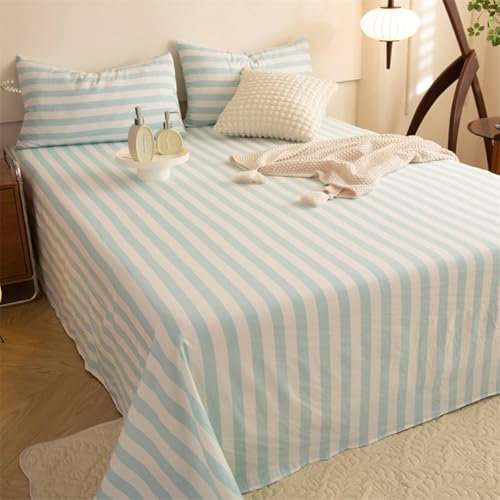 Mesnt Bettlaken ohne Gummizug, 1.2m-160 x 230cm Chemiefaser Streifen-Muster Betttuch MatratzenüBerzug, Hellblau