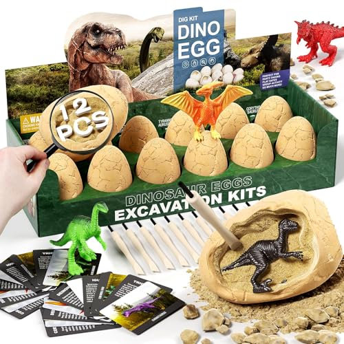 Aiqi Dinosaure Jouet pour Enfant 4 5 6 7 8 9 Ans, 12 Pièces Kit de Fouilles de Dinosaures, Kit de Excavation d'Oeufs de Dinosaures Cadeau Scientifique et Jouets et Jeu pour Garçons Filles de 4-12 Ans