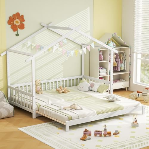 GOPLUS Lit Cabane Enfants，Lit Enfants 2 Place Plateforme Extensible, Lit Jumeuax avec Clôture, Design Bas au Sol, pour Adolescents, Filles et Garçons, Charge 150KG (Blanc,180x200CM)