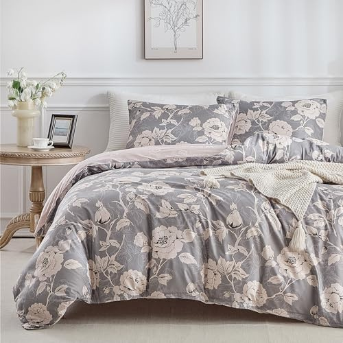 Lekesky Ropa de cama de 220 x 240 cm, juego de ropa de cama de 3 piezas, funda nórdica, juego de ropa de cama con diseño de peonía de 220 x 240 cm, microfibra, con funda de almohada con cremallera de