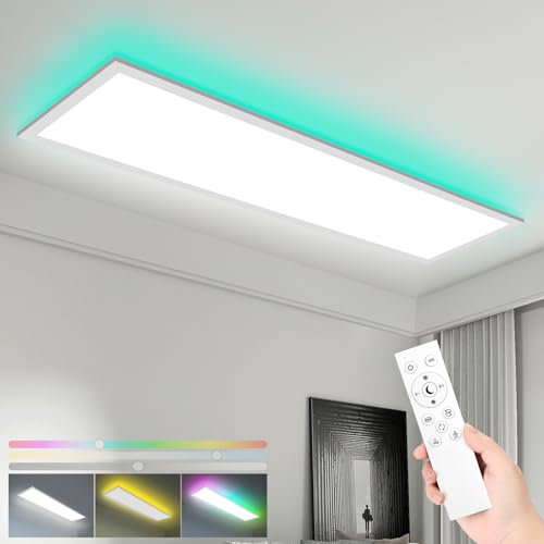 LEOEU LED Panel Deckenleuchte mit Fernbedienung 100x25CM, 30W 3800LM RGB Deckenlampe Farbwechsel, Deckenlampe Dimmbar 3000K-6500K Ultra Dünn Panel für Wohnzimmer Kinderzimmer schlafzimmer