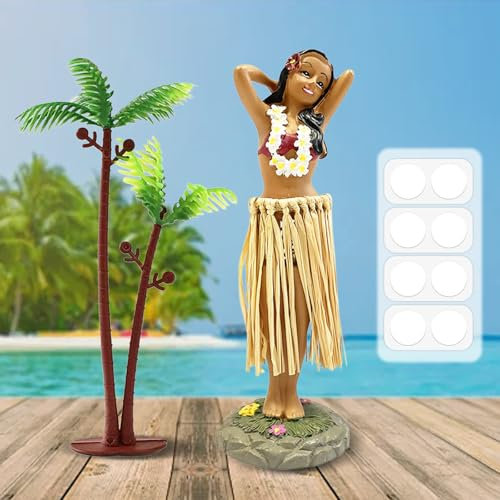 Figura de danza hawaiana para salpicadero, figura de cabeza oscilante, coche hawaiano, hula girl, posando, juguete para tablero de instrumentos de coche, con árbol de coco, adhesivo transparente