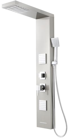 ROVOGO Shower Panel Tower System with High Pressure Shower Head, Body Jets, Handheld and Tub Spout, 46.5 Shower Column Stainless Steel with Mixer Valve, Brushed