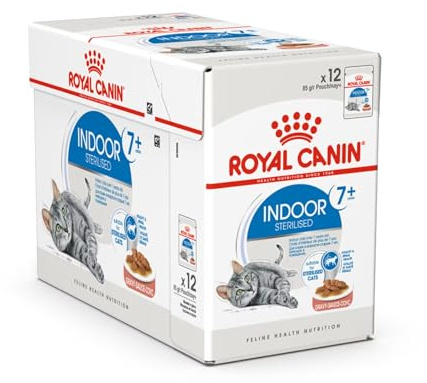 Royal Canin Indoor Sterilised 7+ | 12 x 85 g | Alimento Completo para gatos de Interior a Partir de los 7 años | para gatos esterilizados Que Viven en casa | Trocitos en gelatina