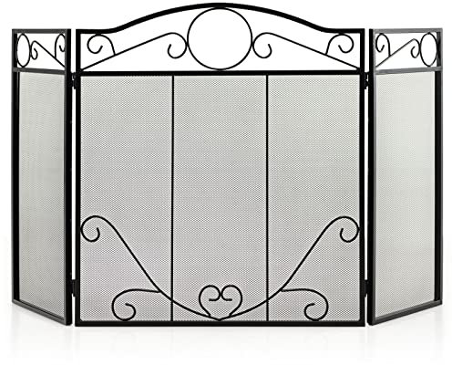 TANGZON 3 Panel Foldable Fire Screen, Metal Spark Fire Guard with Leaves Pattern, Indoor Outdoor Freestanding Safety Fireplace Fence for Coal Firing, Stoves and Grills (Curly Pattern, 127 x 73cm)