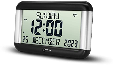 Geemarc Dementia Clock, Easy-to-Read & Self-Setting Viso 8 (MSF – UK Only), Ideal for Seniors and People Living with Alzheimer’s, Battery Operated Day & Date Clock, No Backlight, Silver