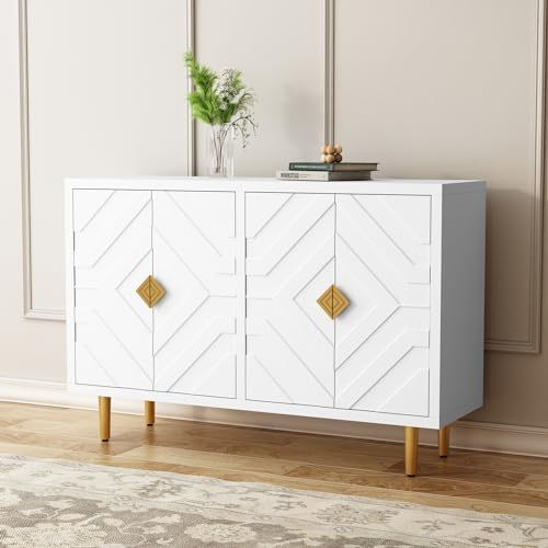 HOLTICO Credenza Moderna con 4 Ante, Armadietto con Design a Rilievo Geometrico, Mobile Multifunzione per Soggiorno, Cucina e Camera da Letto, 4 Colorazioni Esclusive, Bianco Neve