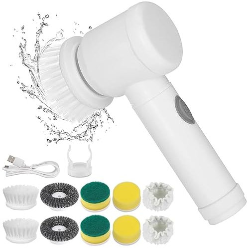 Spazzola elettrica rotante con 5 testine sostituibili e velocità regolabili, spazzola elettrica ricaricabile per cucina, bagno, lavandino, pavimento e vasca da bagno