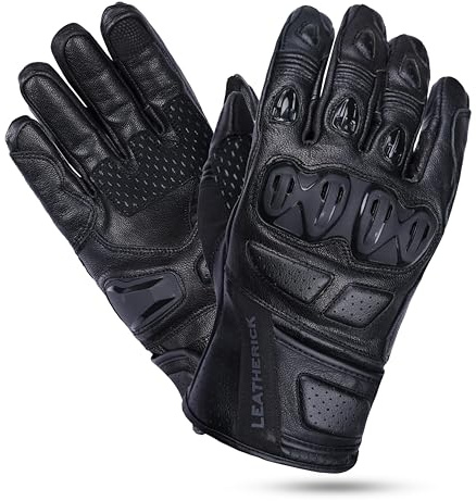 Leatherick Gants de Moto pour Hommes en Cuir véritable Noir certifiés CE avec jointures de Protection, Paume rembourrée avec Curseur TPR et compatibilité avec Les écrans tactiles (Noir, Medium)