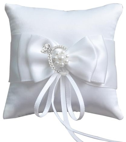 YIZWINS Hochzeitskissen, Ehering, Hochzeitskissen, Rustikal, Hochzeit, Kissen, Ehering, aus Spitze mit Perlen, elfenbeinfarben (10 x 10 cm)