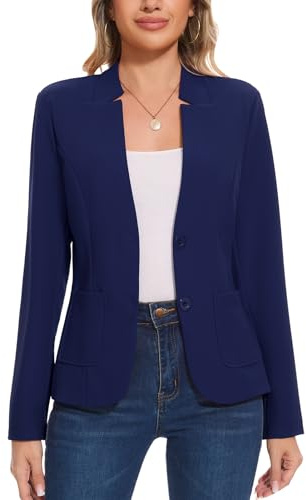 MINTLIMIT Women's Blazer Jacket with Patch Pockets Casual & Office-Ready Long Sleeve 2-Button Closure Notch Collarless Design Blend (Navy Blue L)