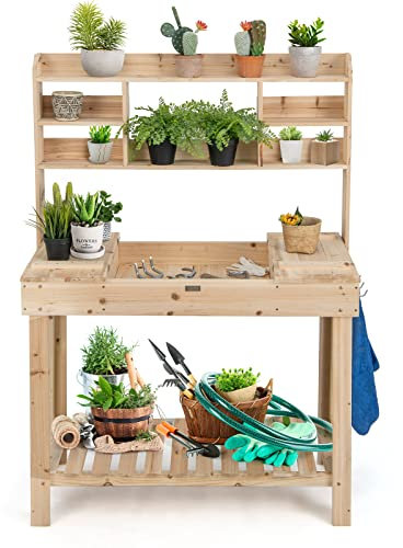 GOPLUS Pflanztisch aus Holz, Gärtnertisch mit klappbarer Tischplatte, Gartentisch mit Ablagen & Haken, Blumentisch für Garten & & Balkon, 110 x 50 x 153cm