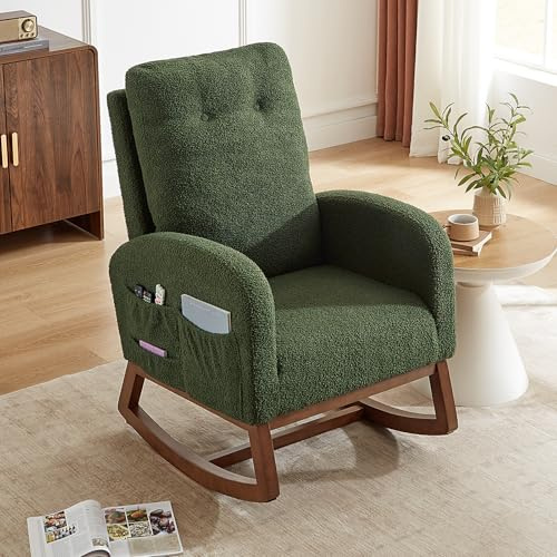 ComfyCorner Rocking Chair with Side Pocket, Rocking Nursing Chair with High Back for Living Room, Bedroom, Green