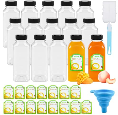 CoKeeSun 15 Pcs Juice Bottles 500ml/16oz, Shot Bottles with Lids Reusable Mini Plastic Bottle Set with Funnel, Cleaning Brushes, Stickers for Storing Juices, Drinks, Milk, Water (Black)