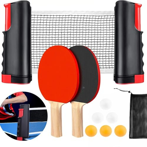 Ping Pong Racket Kit,Ensemble de Filet Ping-Pong,Set de Tennis de Table,Idéal pour Jeux Intérieurs et Extérieurs,2 Raquette avec 3 Balles,Filet Rétractable et Sac Transport