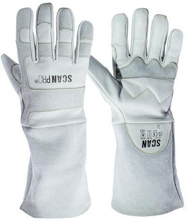 Scan Gants de soudage professionnels – Gants de protection ignifuges en cuir de qualité supérieure avec paume et pouce renforcés, coutures en aramide, poignets à gantelets étendus – Certifié EN388