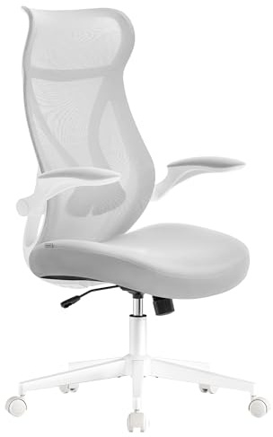 SONGMICS Sedia da Ufficio, Sedia da Scrivania, Schienale Ergonomico, Altezza Regolabile, Braccioli Ribaltabili, Poltrona Girevole con Poggiatesta, Portata 150 kg, Grigio Tortora OBN088GD01