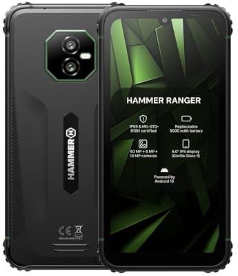 Hammer H Ranger Outdoor Cellulare, Smartphone, 4G LTE, 6/128 GB, 5000 mAh, Display da 6 pollici, 50 MP, Ultrawide, IP69, Gorilla Glass 5, NFC, Biometria, Jack da 3,5 mm, Dual SIM, eSIM