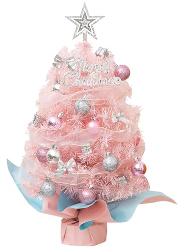 Dhqkqg Mini julgran, 60 cm julgran liten, rosa julgran med LED-belysning och stjärnornament, för juldekoration inomhus, för kök, vardagsrum, barnrum, kontor