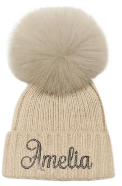 Lobeko Personalised Baby Hat with Pom Pom Custom Knitted Beanie for Newborns 0-12 Months Boys & Girls Ribbed Winter Hat with Name Embroidery – 4 Colours (UK, Age, 0 Months, 12 Months, Beige)